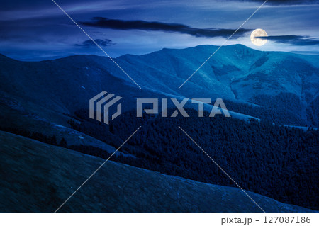 green slopes of mountain ridge in summer at night. scenic alpine landscape with rolling hills in full moon light 127087186