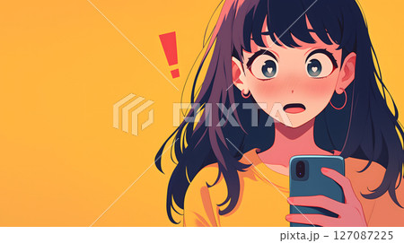 スマホを見て驚く女性のイラスト（生成AI画像） 127087225