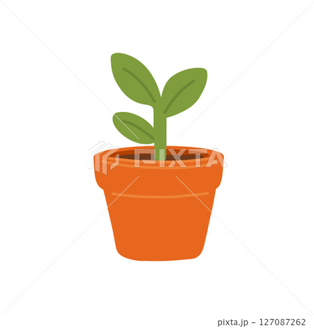Vector illustration of a small green plant in a terracotta pot. Perfect for gardening themes, eco-friendly projects, nature concepts, and minimalist designs. Ideal for digital content. 127087262