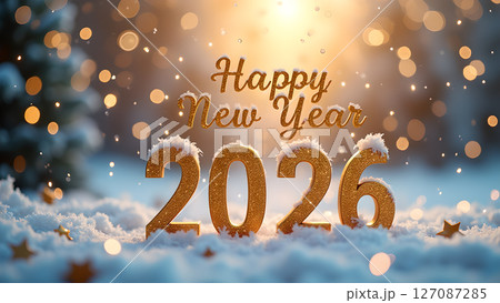 Glittering 'Happy New Year 2026' Celebration with Winter Snowfall Backdrop 127087285