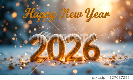 Golden 2026 with Happy New Year message glittering amidst winter snowfall 127087292
