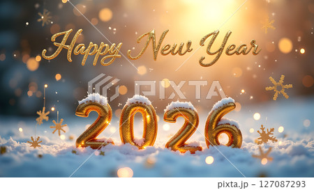 Sparkling 2026 new year celebration with golden accents in winter scene 127087293