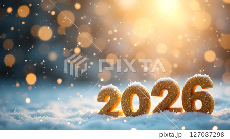 Golden 2026 Numerals Sparkling with Winter Snowfall and Festive Ambience Golden 2026 Numerals Sparkling with Winter Snowfall and Festive Ambience 127087298