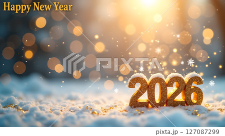 Golden 2026 New Year's Eve Celebration with Bokeh Lights and Snow 127087299