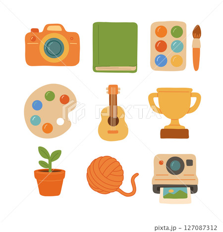 Vector illustration of hobby essentials camera, book, paint set, palette, guitar, trophy, plant, yarn, instant camera. Perfect for creative enthusiasts and artistic projects. 127087312
