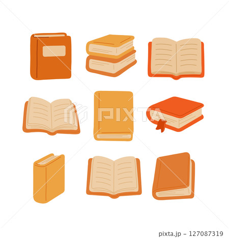 Nine stylized book icons in warm tones, perfect for educational, literary, or library themes. This vector illustration is ideal for digital and print projects focused on reading and knowledge. 127087319