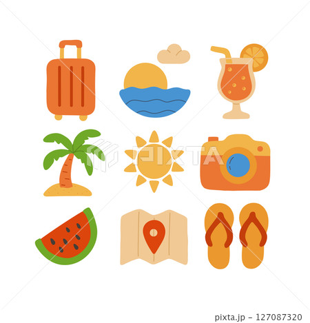 Sunny vacation icons vector illustration featuring suitcase, sunset, cocktail, palm, and more. Perfect for travel blogs, holiday planning, and summer designs. 127087320