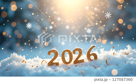 Golden 2026 year sparkles amidst the winter's ethereal snowscape scenery 127087360