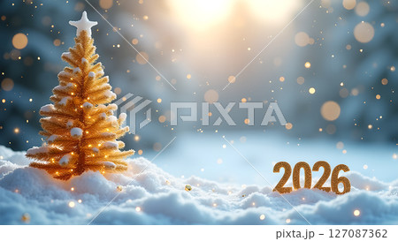 Golden Christmas tree and sparkling 2026 new year wishes in a winter wonderland 127087362
