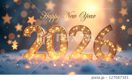 Golden 2026 new year greeting sparkles in snowy landscape celebration 127087381