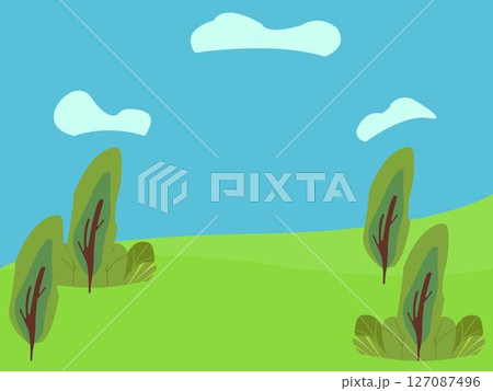 Abstract landscape design with trees bushes and clouds Abstract landscape design with trees bushes and clouds 127087496