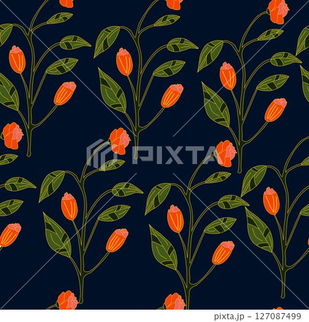 Seamless pattern with red flowers on dark blue background 127087499
