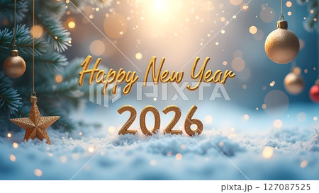 A festive and enchanting Happy New Year 2026 background with ornaments 127087525
