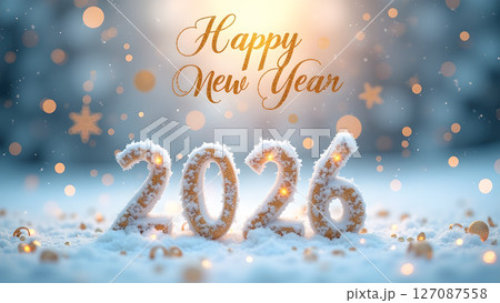 Enchanting winter holiday scene featuring "Happy New Year 2026" in the snow 127087558