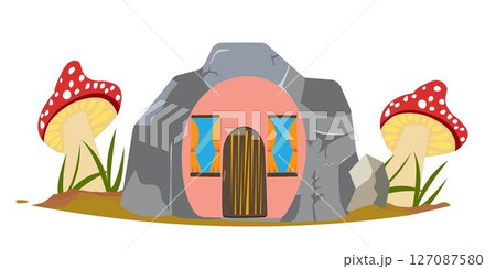 Fairytale cave with home entrance and two mushrooms 127087580