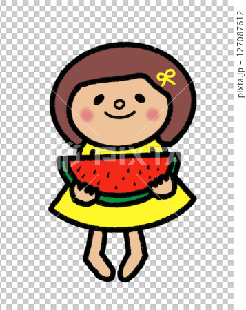 A girl in a summer dress smiling while holding her favorite watermelon A girl in a summer dress smiling while holding her favorite watermelon 127087612