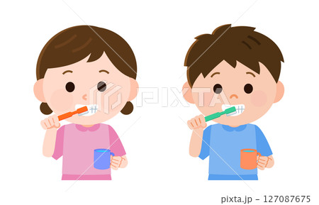 歯磨きをする男の子と女の子　イラスト 127087675