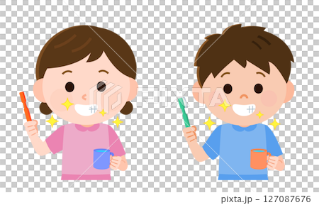 Boy and girl brushing their teeth to make them clean - Illustration 127087676