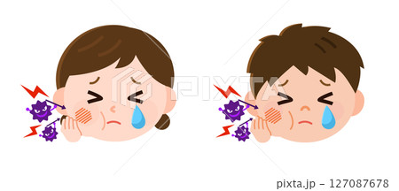 虫歯になって頬が腫れて泣く男の子と女の子と虫歯菌　頭のみ　イラスト 127087678
