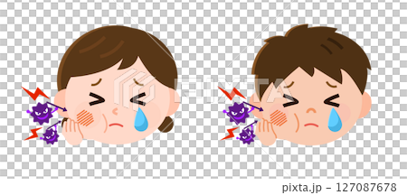 男孩和女孩因蛀牙和蛀牙細菌而臉頰腫脹哭泣,僅頭部,插圖 男孩和女孩因蛀牙和蛀牙細菌而臉頰腫脹哭泣,僅頭部,插圖 127087678