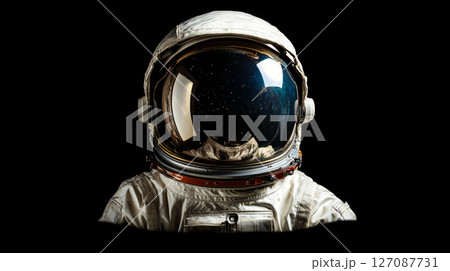 Astronaut helmet reflecting cosmic panorama, showcasing vastness of space and beauty of universe 127087731