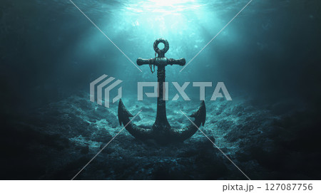 large iron anchor rests ocean floor, surrounded by shimmering water and soft light, evoking sense of mystery and tranquility 127087756