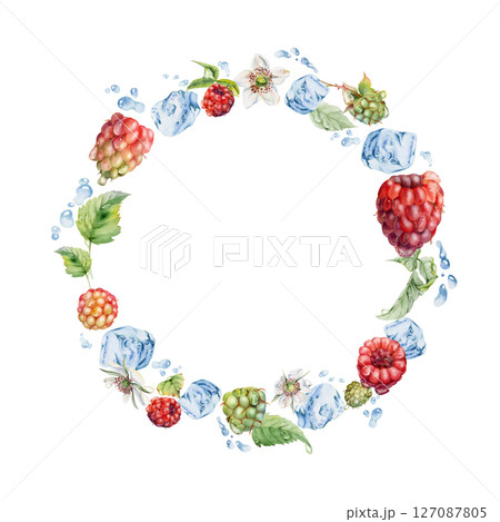 Raspberry berries wreath flying in water splash with leaves, ice cubes, dew drops hand drawn in watercolor. Ripe garden dewberry cloudberry mulberry. Isolated circle frame. Fresh grocery store, drinks 127087805