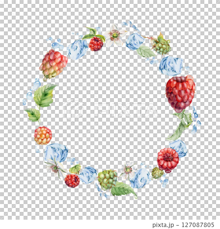 Raspberry berries wreath flying in water splash with leaves, ice cubes, dew drops hand drawn in watercolor. Ripe garden dewberry cloudberry mulberry. Isolated circle frame. Fresh grocery store, drinks 127087805