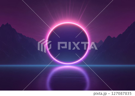vibrant neon circle light effect illuminates serene landscape with mountains and reflective water surface, creating 127087835