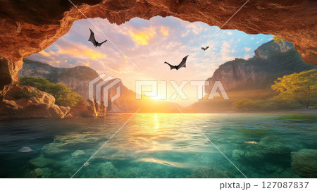 stunning cave landscape showcasing serene body of water, vibrant sunset, and flying bats creates captivating atmosphere 127087837