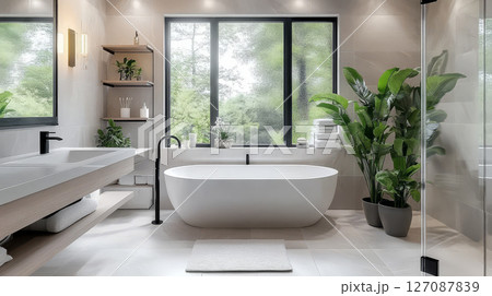 serene minimalist bathroom featuring freestanding bathtub, light gray tiles, and lush greenery, creating tranquil atmosphere 127087839