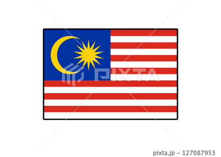 The flag of Malaysia features alternating red and white stripes, with a blue canton displaying a yellow crescent and a 14-point star, symbolizing unity and sovereignty. The flag of Malaysia features alternating red and white stripes, with a blue canton displaying a yellow crescent and a 14-point star, symbolizing unity and sovereignty. 127087953