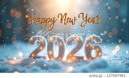 Sparkling 2026 New Year Celebration in a Snowy and Festive Ambiance 127087961