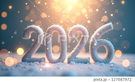 Glittering 2026 New Year Decoration with Festive Lights and Snowy Ornament 127087972