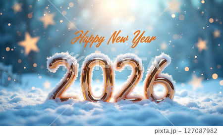 Festive greeting image displaying Happy New Year 2026 with ornament and bokeh 127087982