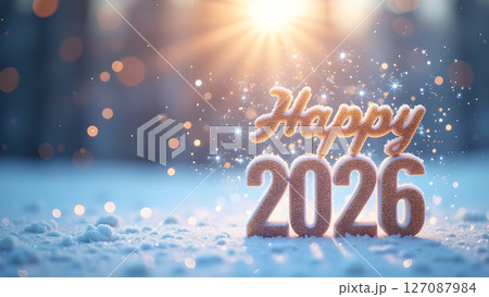 Radiant 2026 Celebration: Golden Numerals and Ornament Glow in Winter Ambiance 127087984