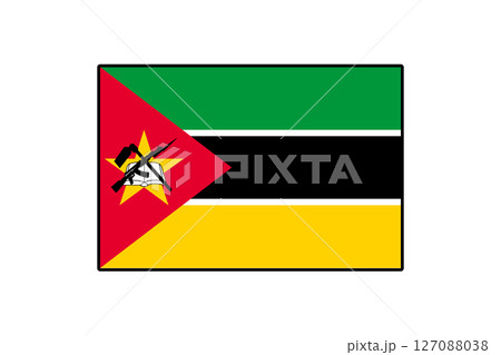 The flag of Mozambique features a unique design with horizontal stripes of green, black, and yellow, complemented by a red triangle displaying a rifle, book, and hoe. 127088038