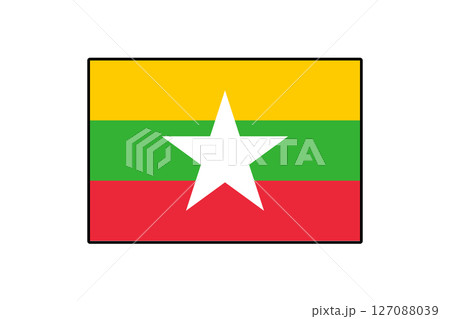 The flag features horizontal stripes of yellow, green, and red with a central white star, representing Myanmar's national identity and cultural heritage. 127088039