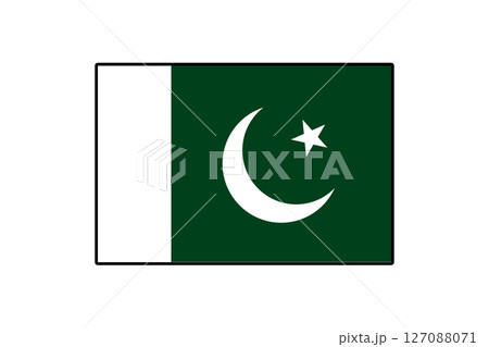 This vector artwork displays the national flag of Pakistan, featuring a green field with a white vertical stripe, crescent, and star emblem, symbolizing the country's identity. 127088071
