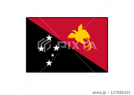 The flag showcases a diagonal split design with a black half featuring white stars, and a red half displaying a golden bird of paradise, symbolizing Papua New Guinea's heritage. 127088101