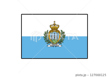 The flag of San Marino features a horizontal tricolor design with blue and white sections, showcasing the national coat of arms in the center with three towers and a crown. 127088125