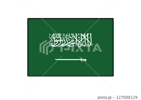 The national flag of Saudi Arabia displays a rich green background with white Arabic script and a sword. It symbolizes the country's Islamic heritage and strength. The national flag of Saudi Arabia displays a rich green background with white Arabic script and a sword. It symbolizes the country's Islamic heritage and strength. 127088129