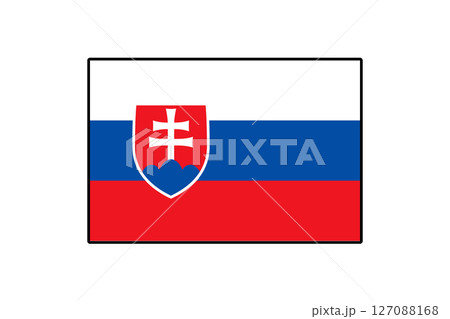 This vector graphic displays the national flag of Slovakia, featuring a horizontal tricolor design of white, blue, and red, with the Slovak coat of arms on the left side. 127088168
