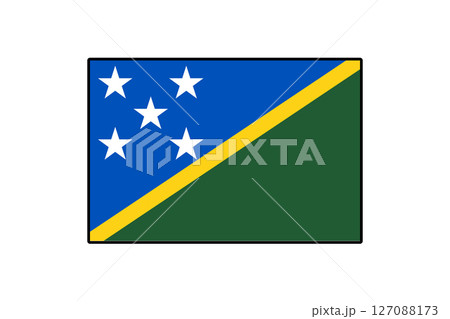 The flag of the Solomon Islands features a blue field with yellow and green triangles. It includes five white stars symbolizing the islands' unity and diversity. The flag of the Solomon Islands features a blue field with yellow and green triangles. It includes five white stars symbolizing the islands' unity and diversity. 127088173