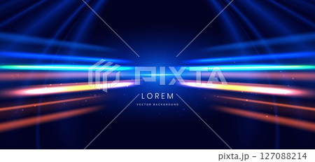 Abstract futuristic glowing neon blue and orange ray. Hi speed motion moving concept on dark blue background. 127088214
