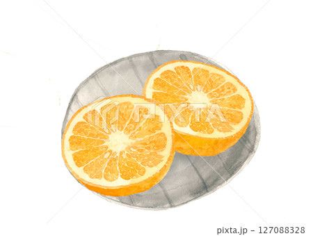 水彩で描いた皿に盛っ半分にカットした甘夏のイラスト素材【手描き】白バック 切り抜き用 コピースペース 水彩で描いた皿に盛っ半分にカットした甘夏のイラスト素材【手描き】白バック 切り抜き用 コピースペース 127088328