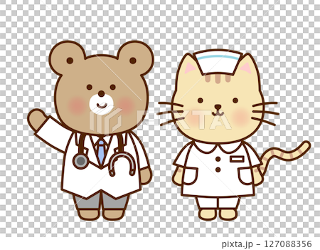 かわいい動物のお医者さん・ナースイラストセット|くま・ねこ かわいい動物のお医者さん・ナースイラストセット|くま・ねこ 127088356