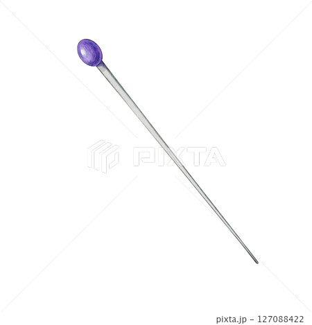 Sewing pin with an oval purple bead head. Watercolor illustration is a craft tool. It is ideal for textile design, DIY projects, visual effects for sewing clothes and creative handmade content. Sewing pin with an oval purple bead head. Watercolor illustration is a craft tool. It is ideal for textile design, DIY projects, visual effects for sewing clothes and creative handmade content. 127088422