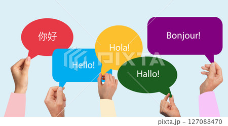 Diverse people with speech bubbles for studying foreign language. Hello in Chinese, English, Spanish 127088470