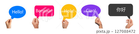 Hand holding a speech bubble with different languages. Hello word in English, French, Spanish, Hand holding a speech bubble with different languages. Hello word in English, French, Spanish, 127088472